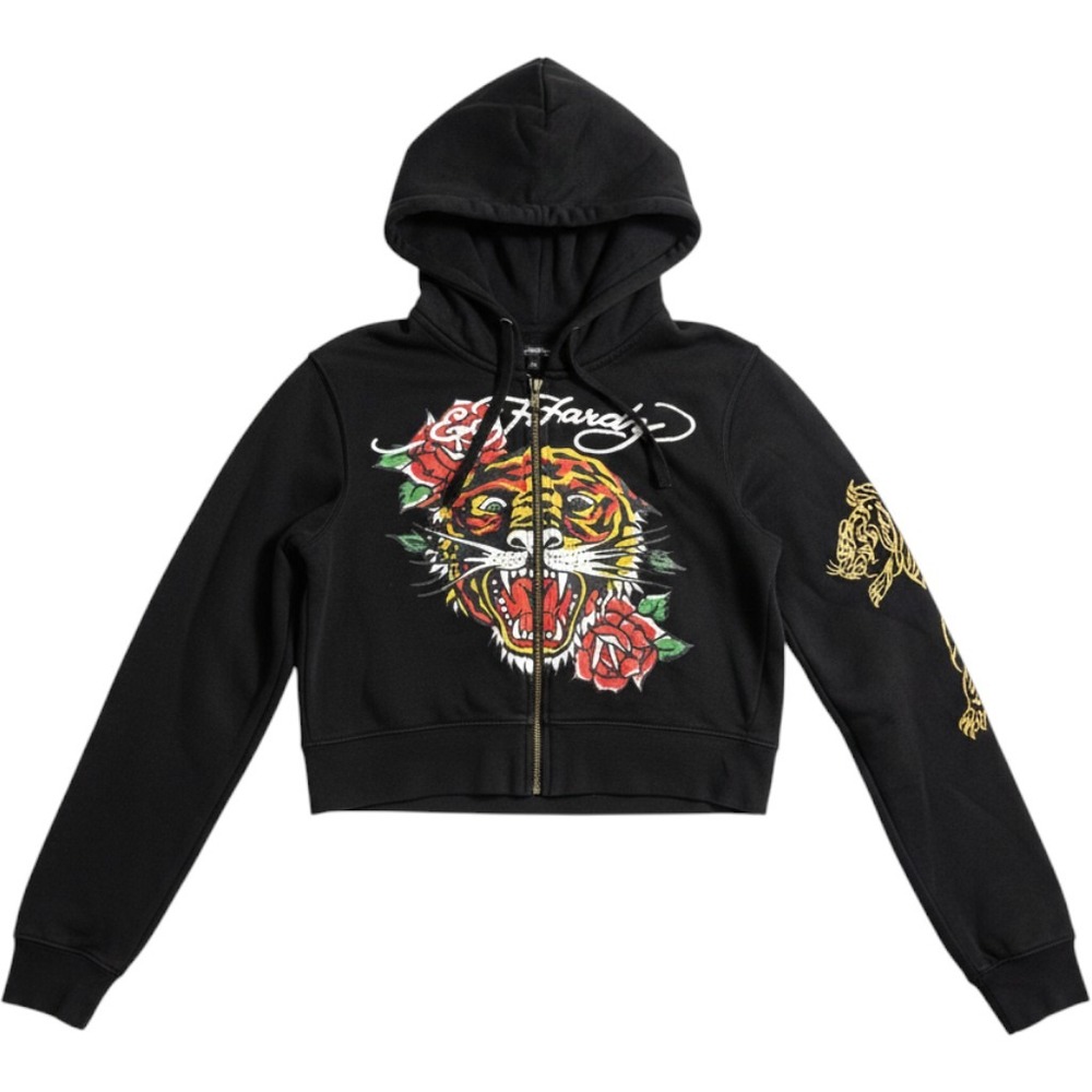Ed Hardy Black Cropped Zip Up Hoodie Tiger Rose Tattoo Graphic Gold Logo Medium
